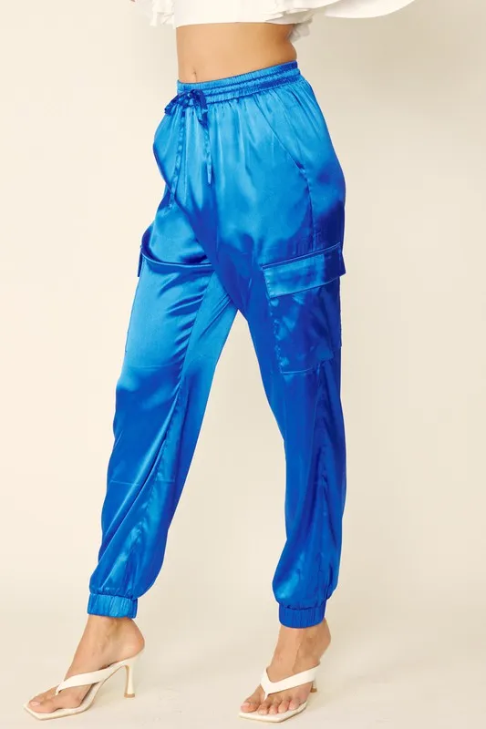 Cobalt Blue Glossy Satin Cargo Pants