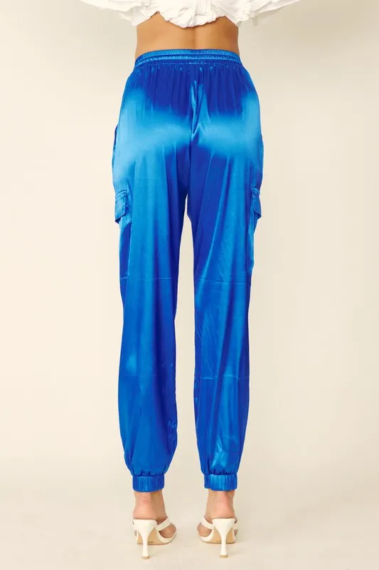 Cobalt Blue Glossy Satin Cargo Pants