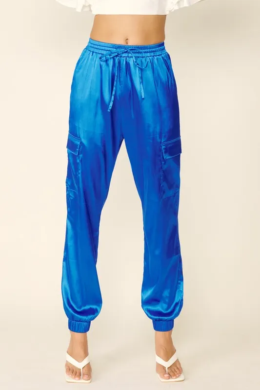 Cobalt Blue Glossy Satin Cargo Pants