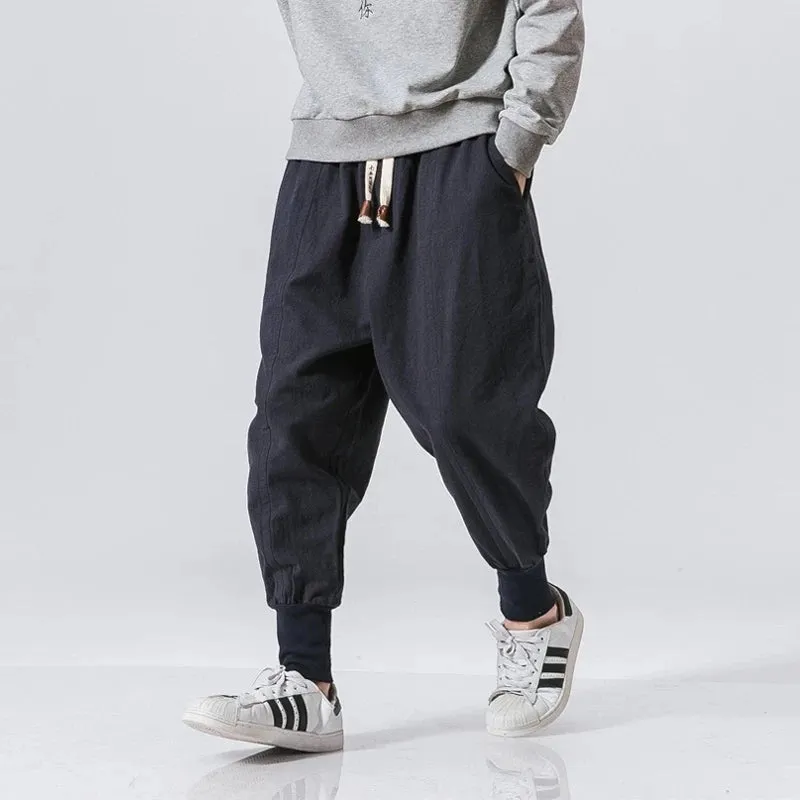 Cotton Linen Harem Pants Men Solid Elastic Waist Streetwear Joggers New Baggy Drop-Crotch Pants Casual Trousers Men