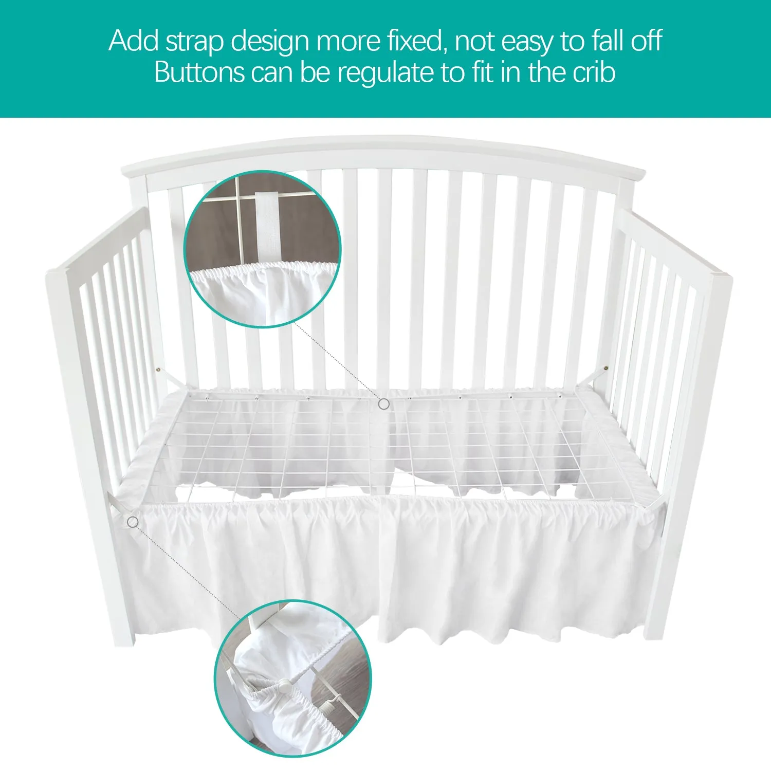 Crib Skirt - Dust Ruffle, Elastic Adjustable Fit, Easy On/Off, 14" Drop, White (for Standard Crib/ Toddler Bed)