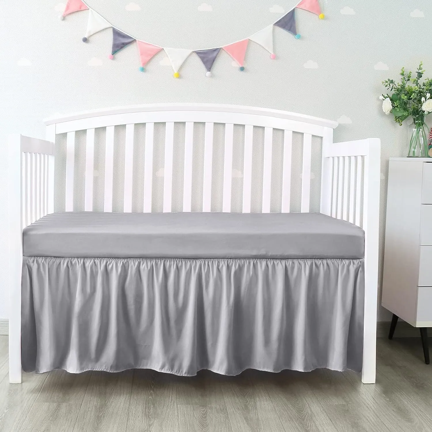 Crib Skirt - Dust Ruffle, Elastic Adjustable Fit, Easy On/Off, 14" Drop, White (for Standard Crib/ Toddler Bed)