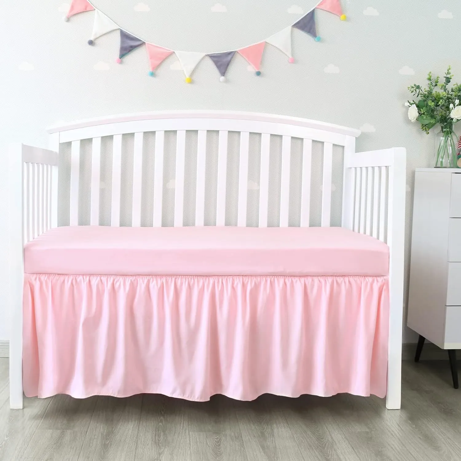 Crib Skirt - Dust Ruffle, Elastic Adjustable Fit, Easy On/Off, 14" Drop, White (for Standard Crib/ Toddler Bed)