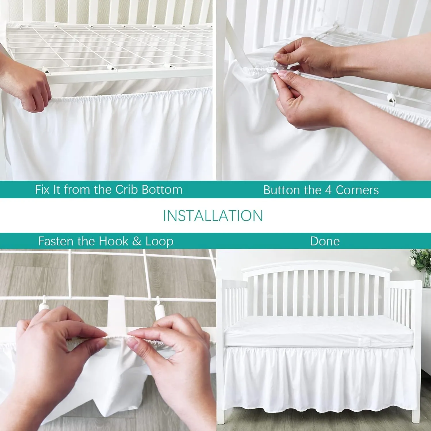 Crib Skirt - Dust Ruffle, Elastic Adjustable Fit, Easy On/Off, 14" Drop, White (for Standard Crib/ Toddler Bed)