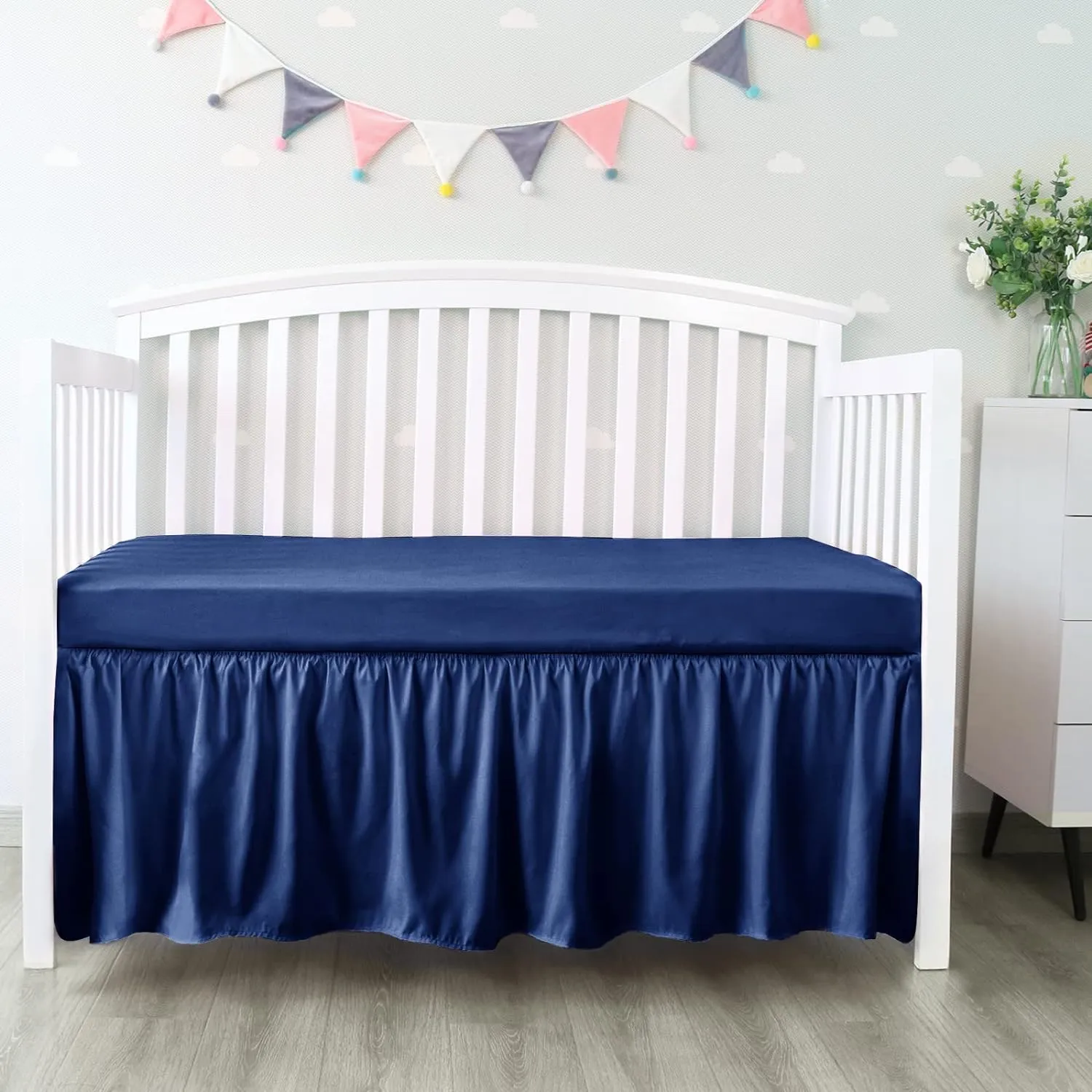 Crib Skirt - Dust Ruffle, Elastic Adjustable Fit, Easy On/Off, 14" Drop, White (for Standard Crib/ Toddler Bed)