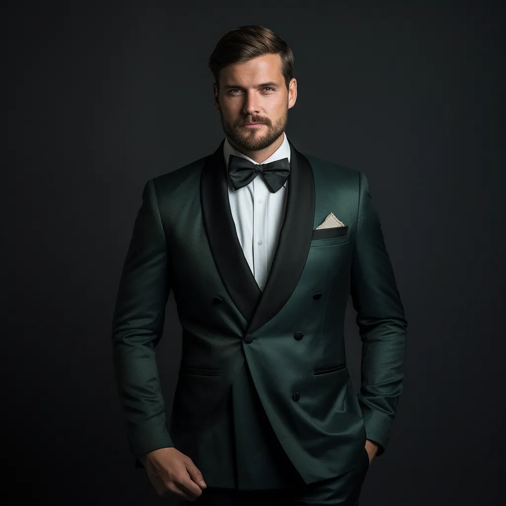 Dark Green Double Breasted Tuxedo with Black Satin Lapels - Distinguished, Elegant, and Versatile