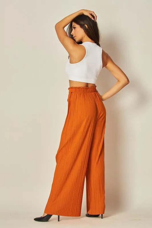 Dried Tangerine Pleated Wide Leg Paperback Self Tie Pants