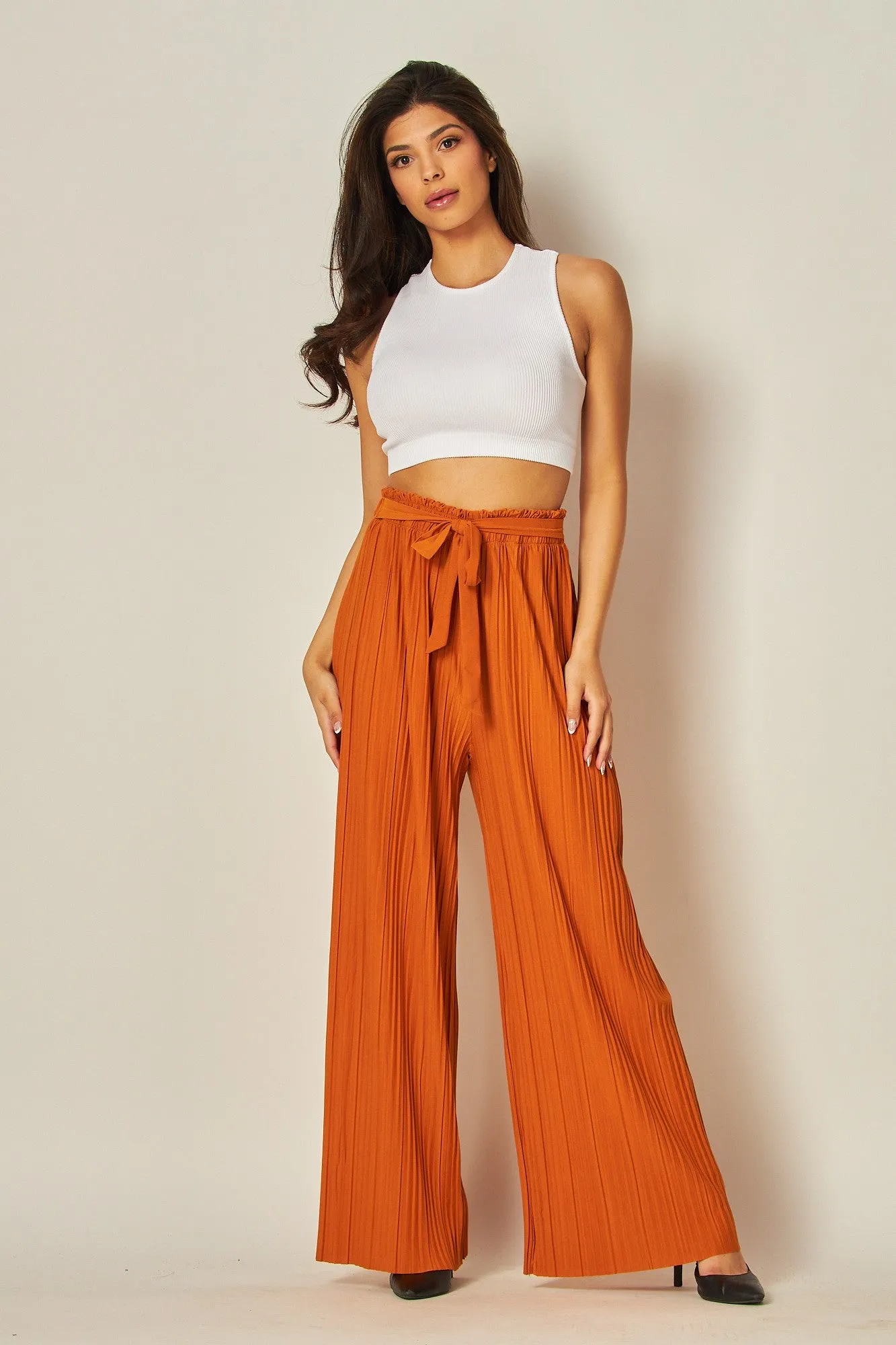 Dried Tangerine Pleated Wide Leg Paperback Self Tie Pants