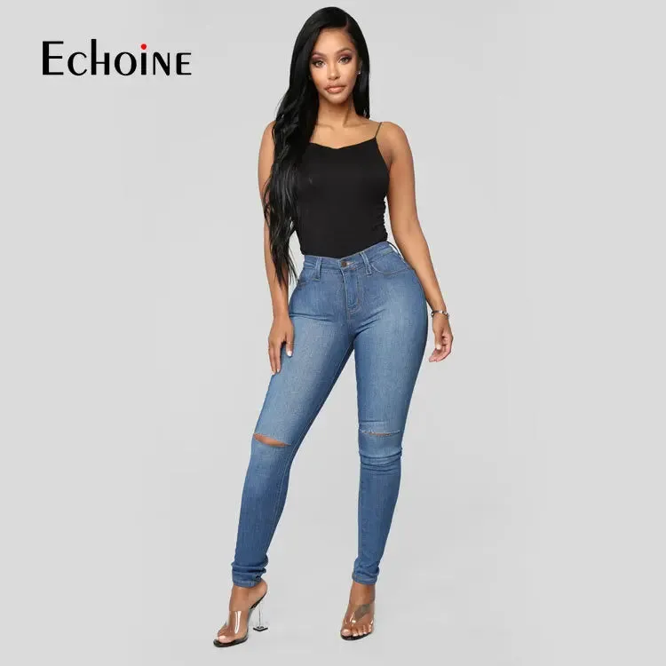 Echoine Spring Fashion Women Solid High Waist Skinny Pencil  Ripped