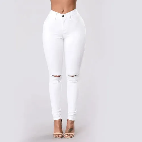 Echoine Spring Fashion Women Solid High Waist Skinny Pencil  Ripped