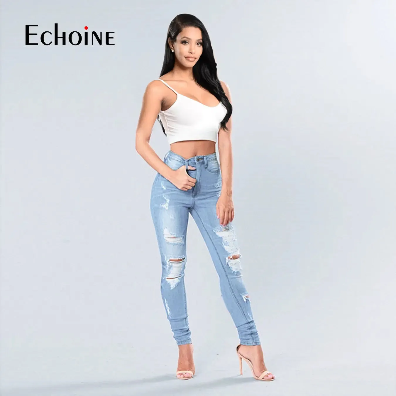 Echoine Spring Fashion Women Solid High Waist Skinny Pencil  Ripped