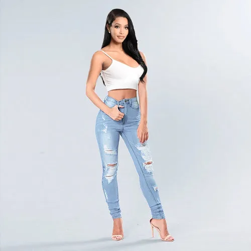 Echoine Spring Fashion Women Solid High Waist Skinny Pencil  Ripped