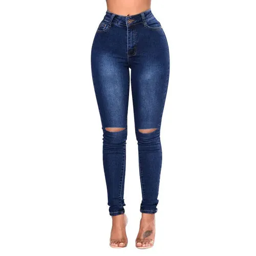 Echoine Spring Fashion Women Solid High Waist Skinny Pencil  Ripped