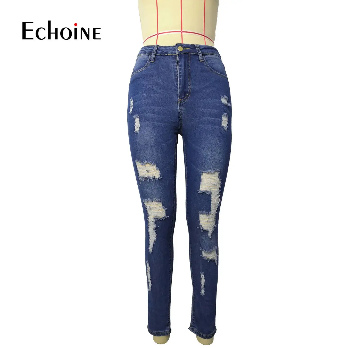 Echoine Spring Fashion Women Solid High Waist Skinny Pencil  Ripped