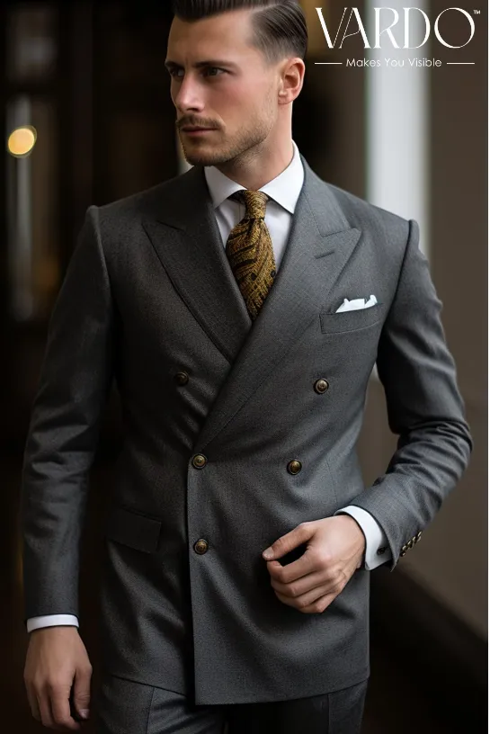 Elegant Men's Dark Grey Double Breasted Suit - Classic Style, Perfect Fit - Tailored Suit - The Rising Sun store, Vardo