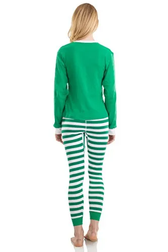 Elowel Adult Womens Mens Green Top & Green White Pants  Christmas Fitted Striped Pajamas 100% Cotton