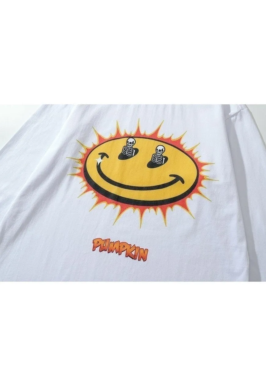 Emoji t-shirt punk smile long tee retro skeleton top white