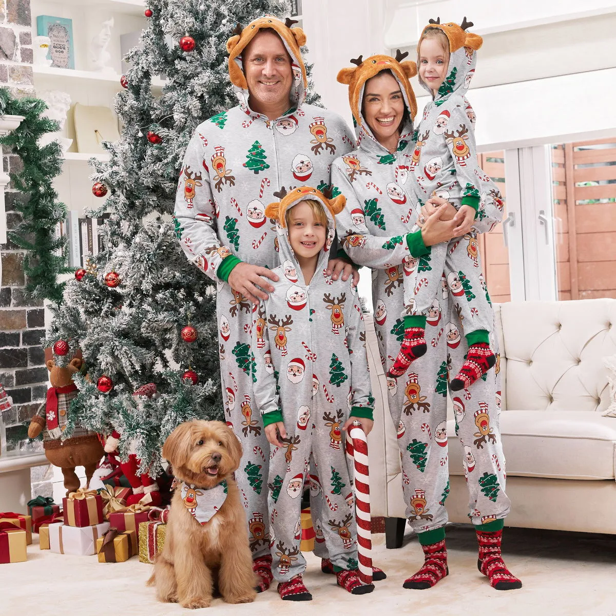 Family Matching Christmas Onesie Pajama Santa Christmas Tree Rudolph Hooded Sleepwear