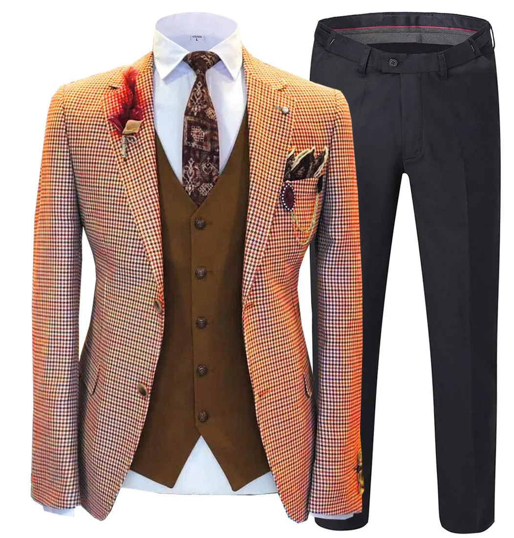 Fashion Men's 3 Pieces Houndstooth Notch Lapel Tuxedos (Blazer vest Pants)