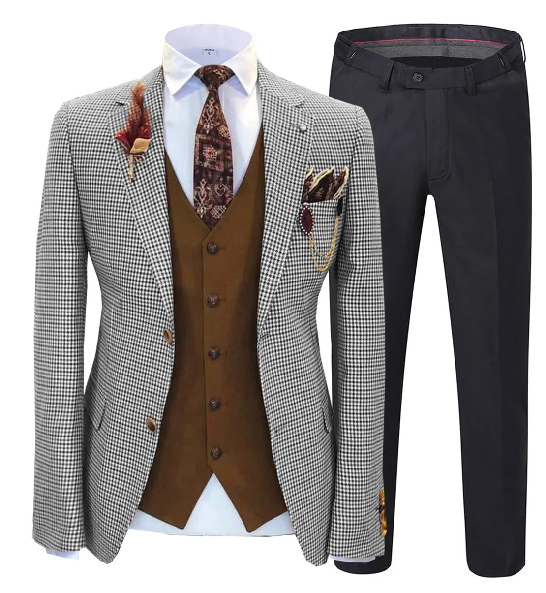 Fashion Men's 3 Pieces Houndstooth Notch Lapel Tuxedos (Blazer vest Pants)