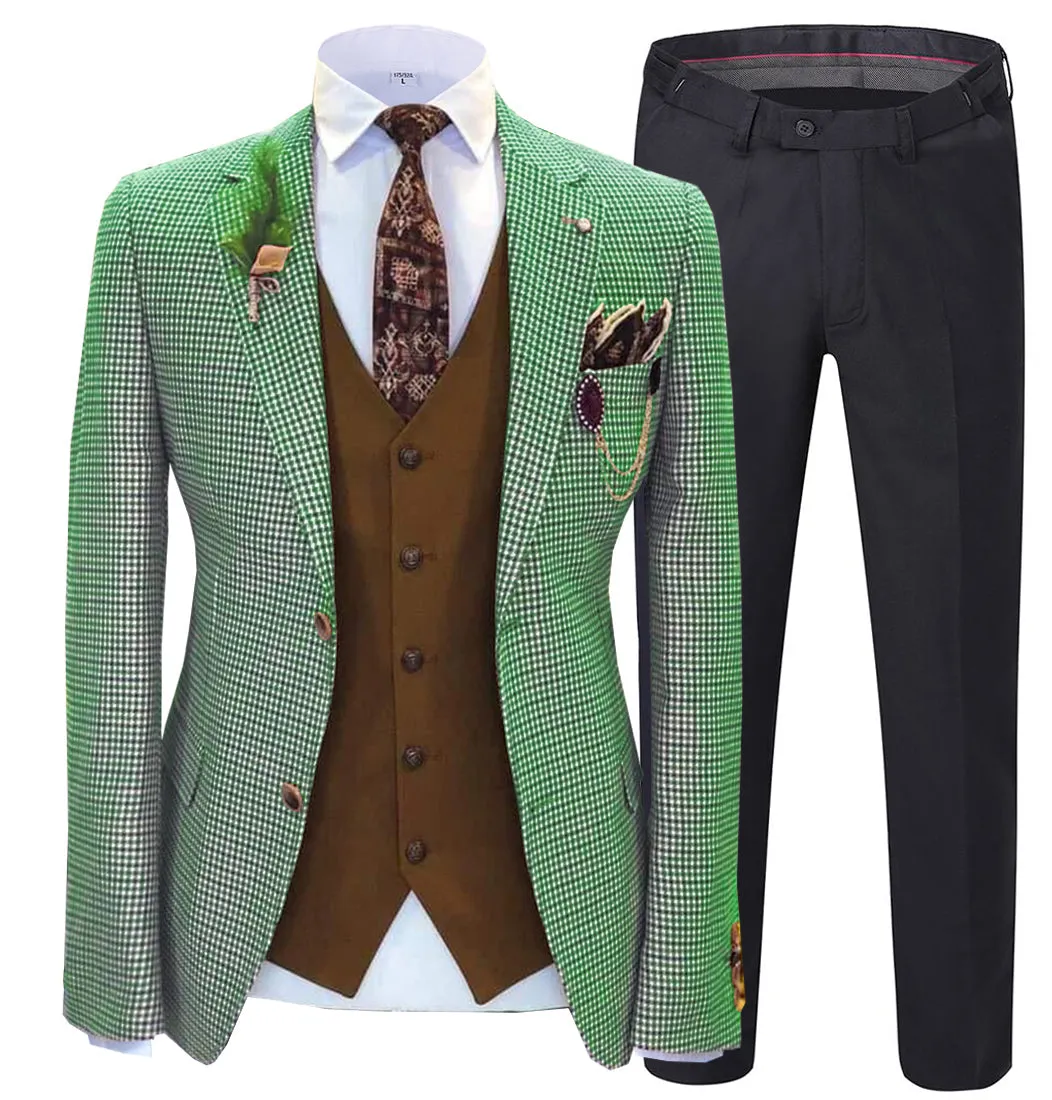 Fashion Men's 3 Pieces Houndstooth Notch Lapel Tuxedos (Blazer vest Pants)