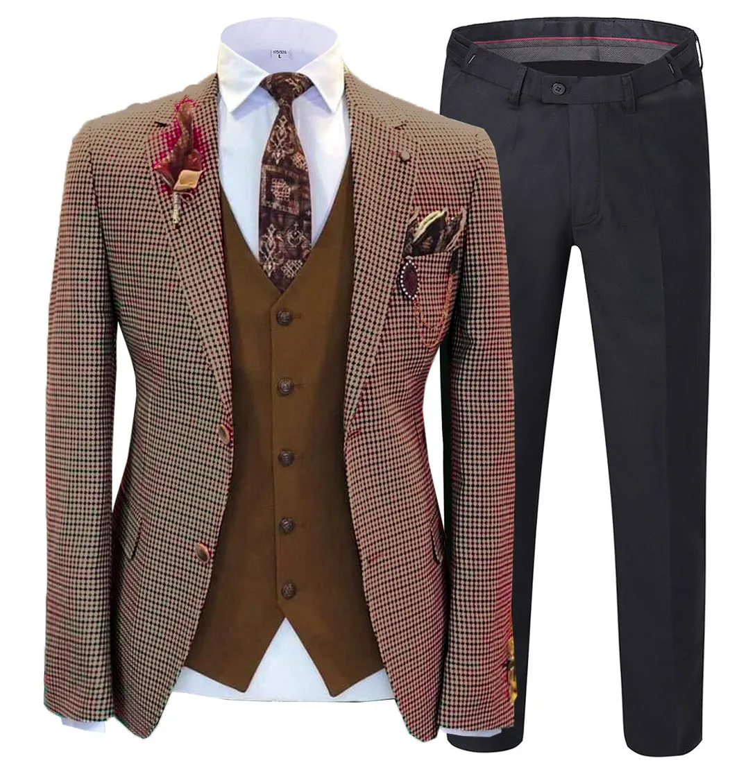 Fashion Men's 3 Pieces Houndstooth Notch Lapel Tuxedos (Blazer vest Pants)