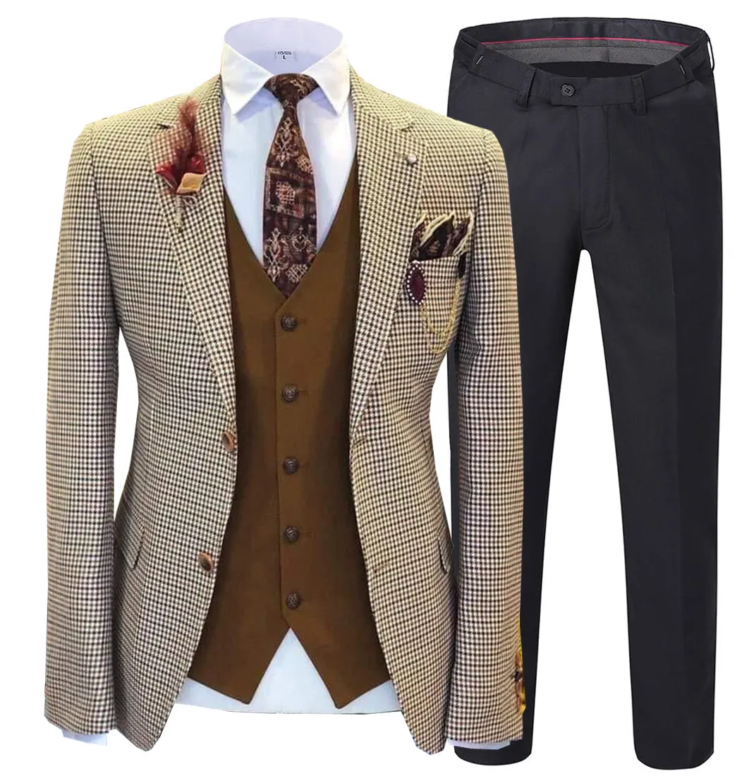 Fashion Men's 3 Pieces Houndstooth Notch Lapel Tuxedos (Blazer vest Pants)