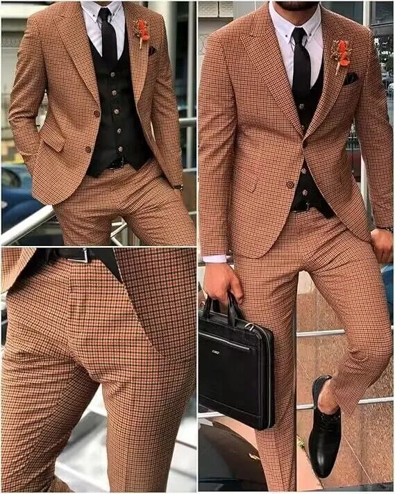 Fashion Men's 3 Pieces Houndstooth Peak Lapel Tuxedos (Blazer vest Pants)