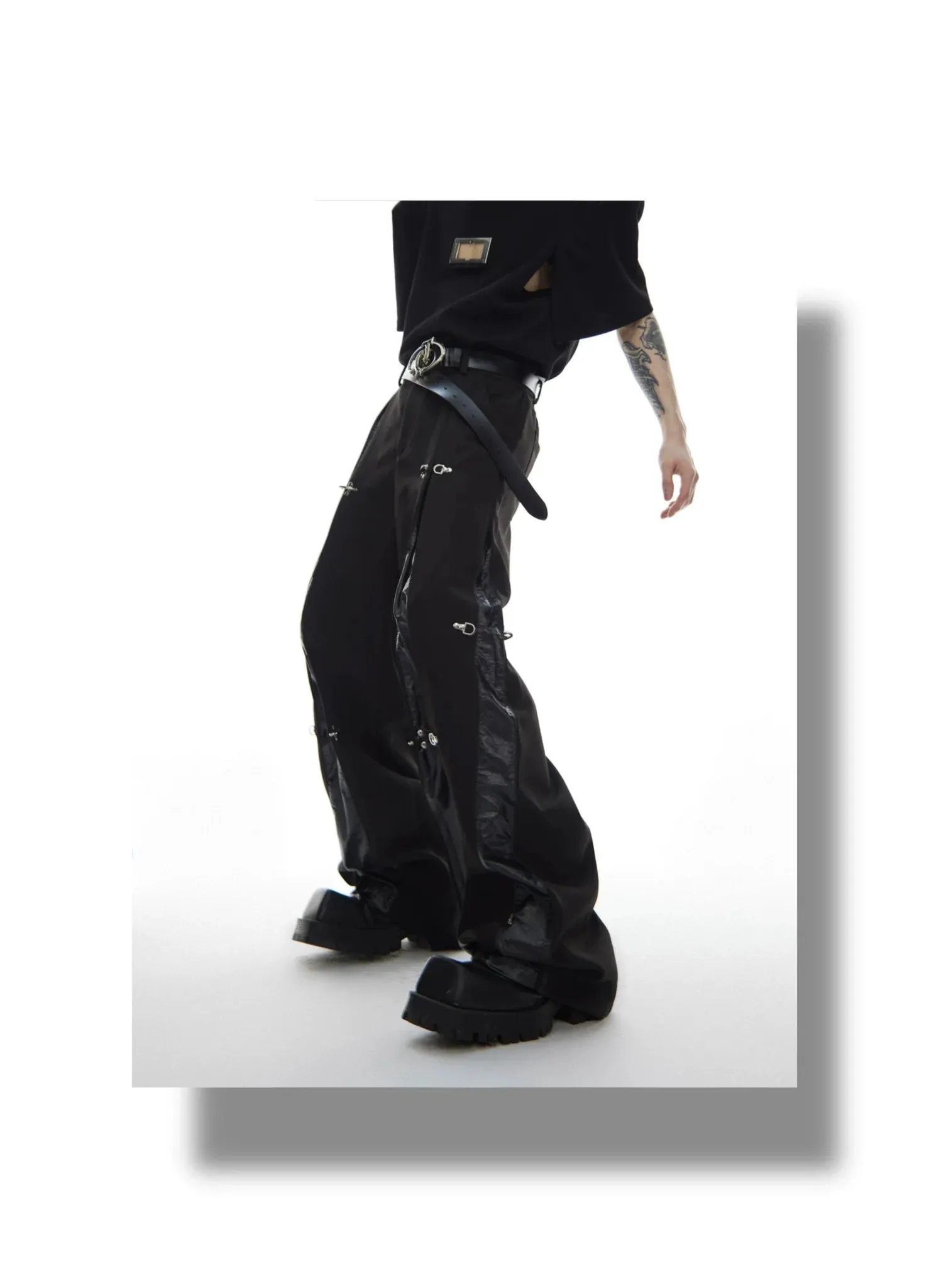 Faux Leather Patchwork Pants with Detachable Airplane Buckle