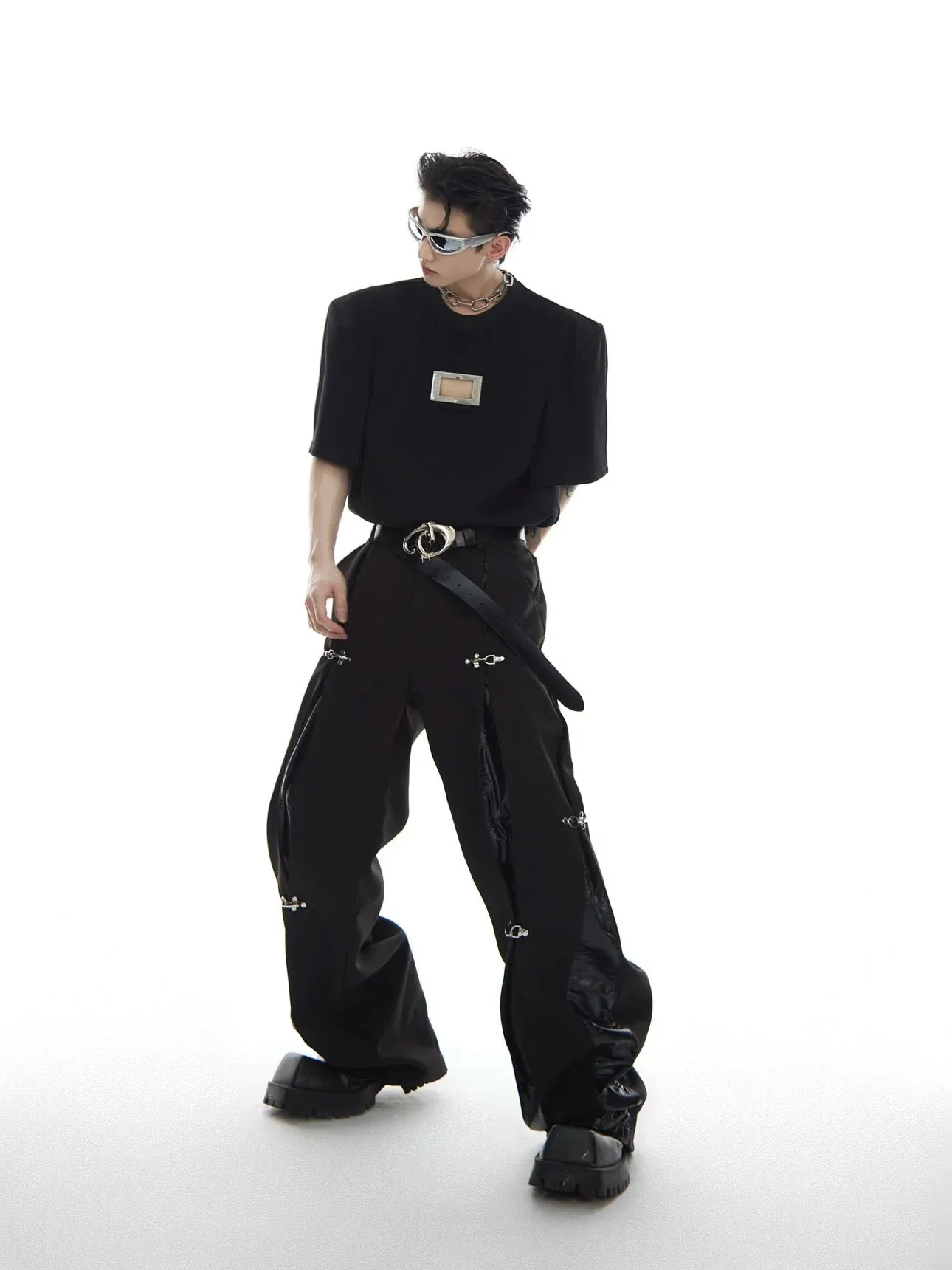 Faux Leather Patchwork Pants with Detachable Airplane Buckle