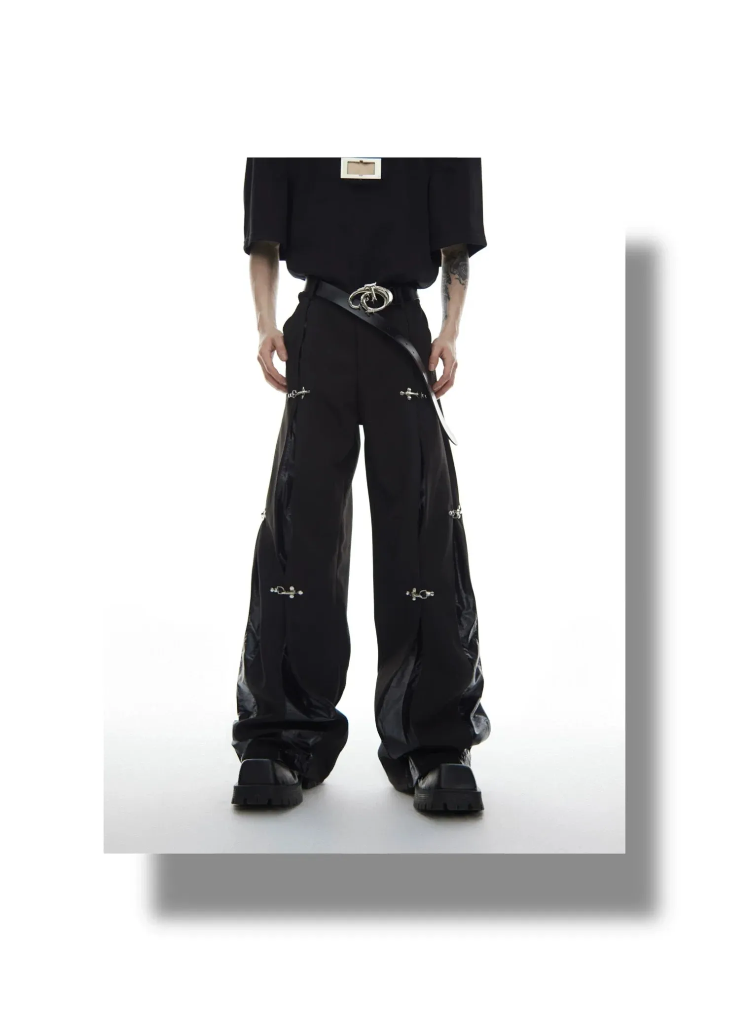 Faux Leather Patchwork Pants with Detachable Airplane Buckle