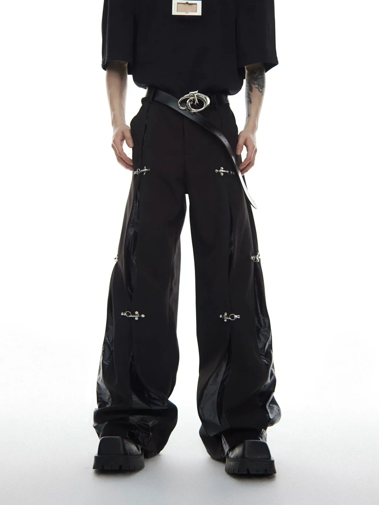 Faux Leather Patchwork Pants with Detachable Airplane Buckle