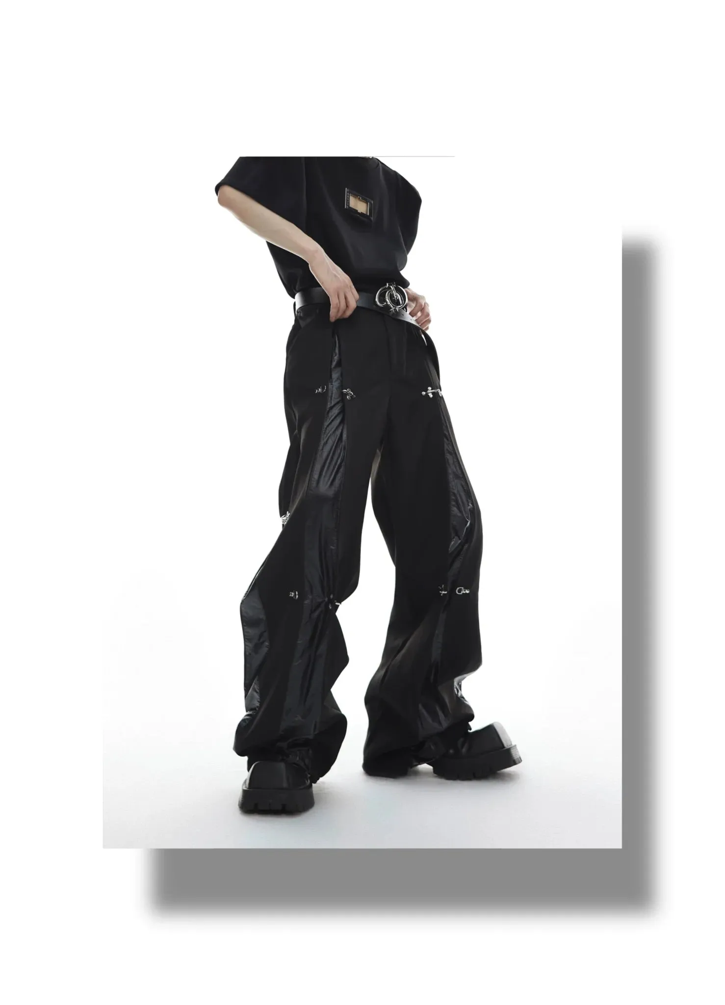 Faux Leather Patchwork Pants with Detachable Airplane Buckle