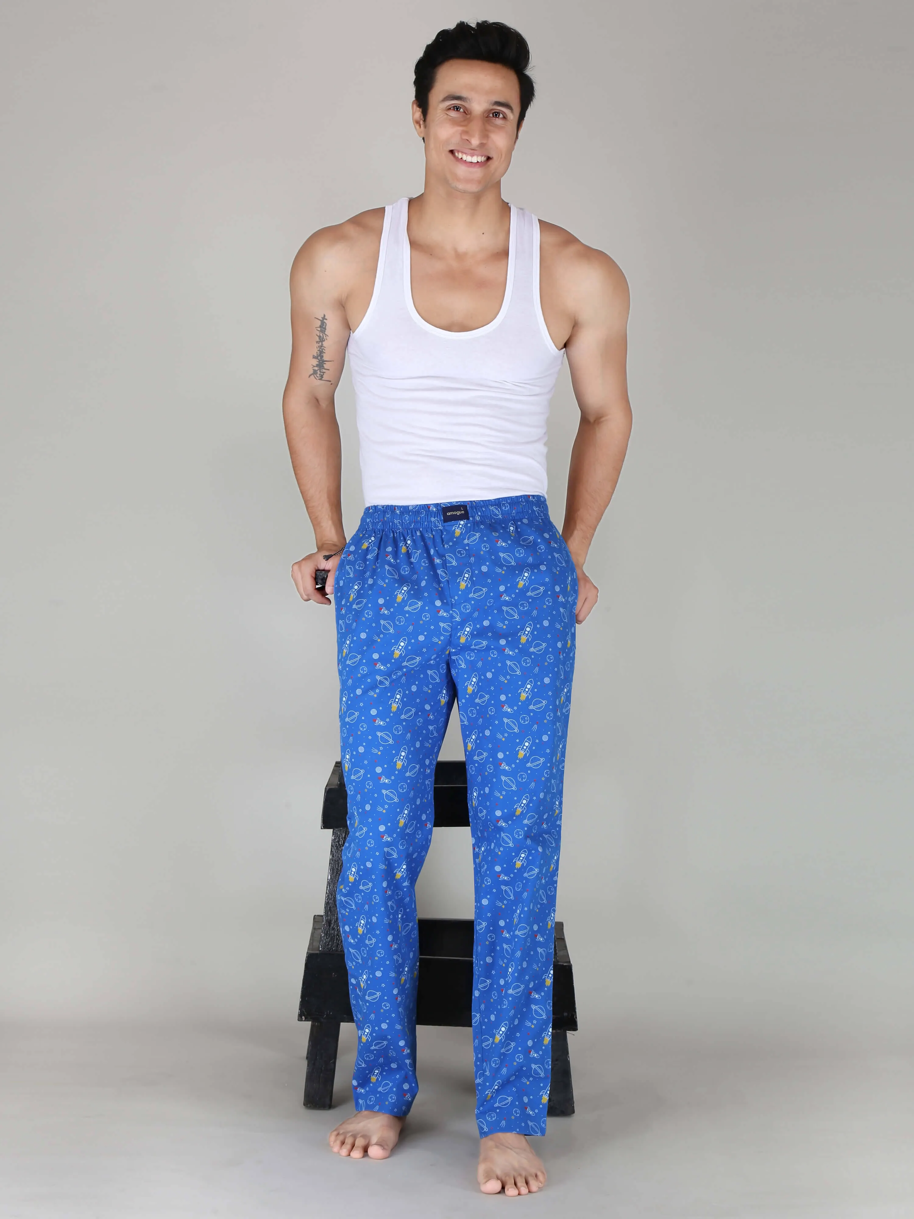 Firozi Rocket Printed Cotton Pajamas For Men