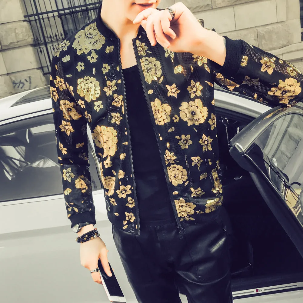 Floral Print Semi Transparent Men Thin Slim Fit Bomber Jacket