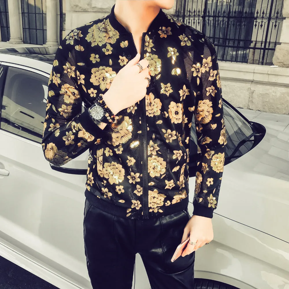 Floral Print Semi Transparent Men Thin Slim Fit Bomber Jacket