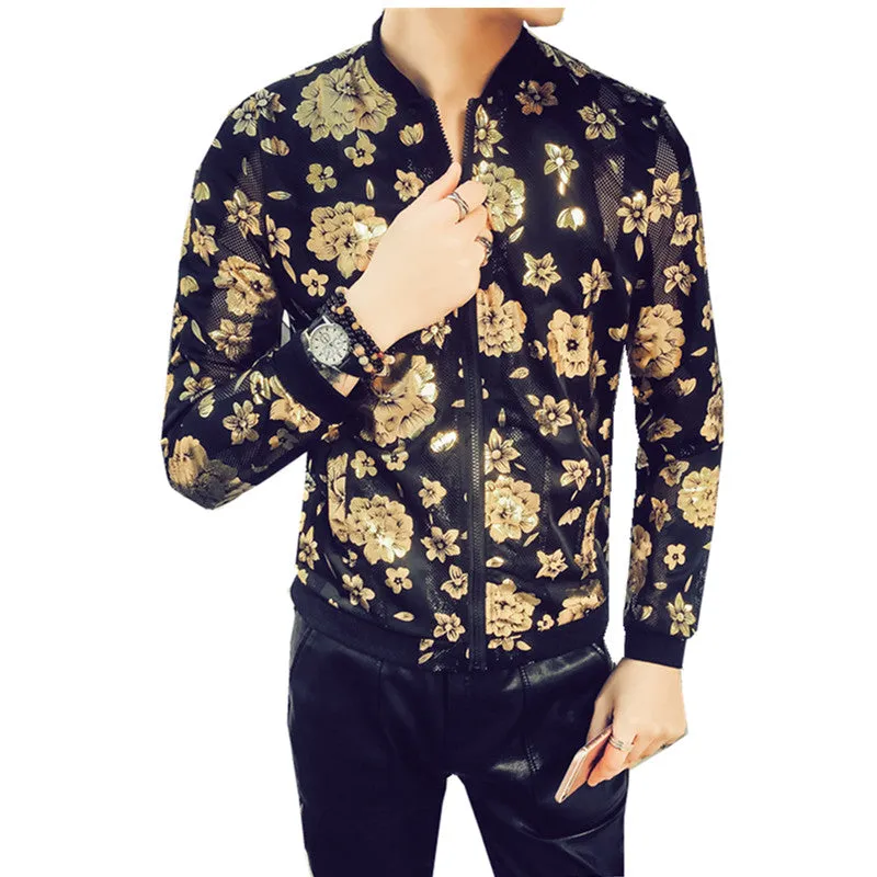 Floral Print Semi Transparent Men Thin Slim Fit Bomber Jacket