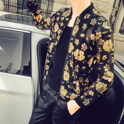 Floral Print Semi Transparent Men Thin Slim Fit Bomber Jacket