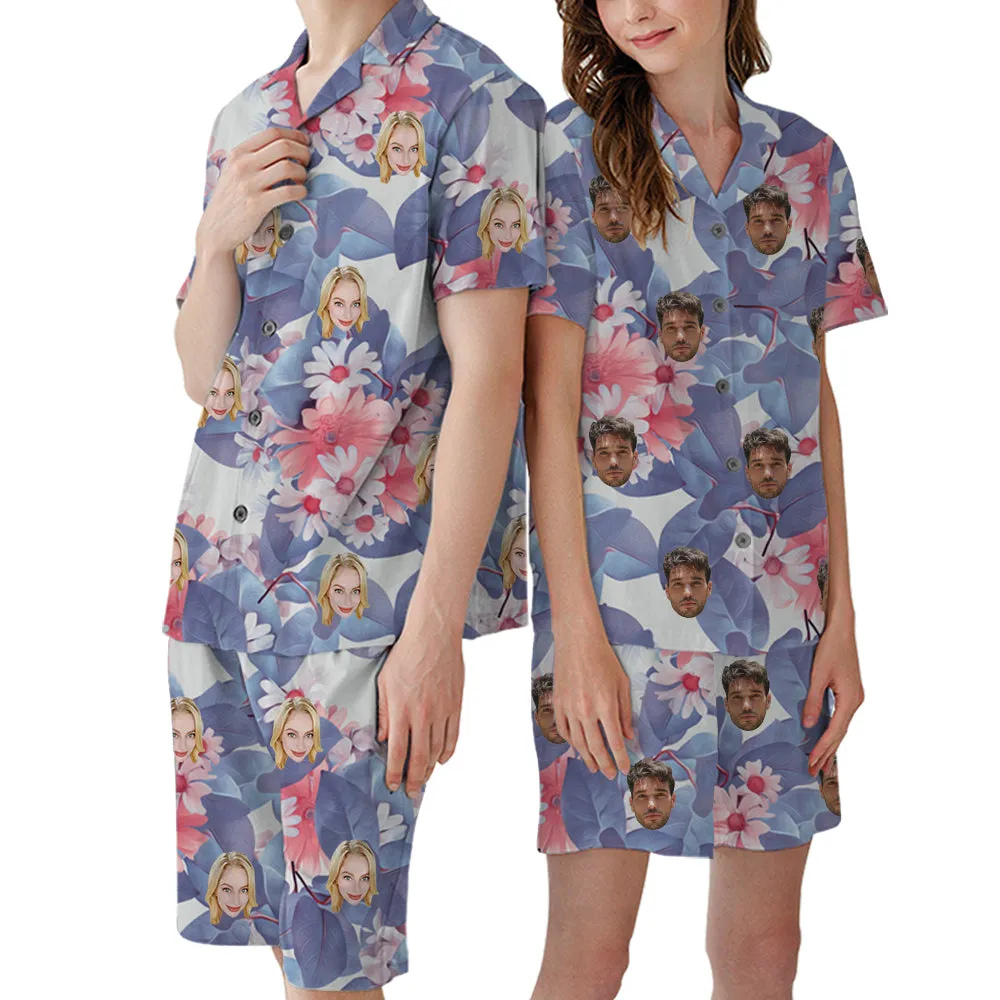 Flower Print Pajamas Custom Avatar Couple V-Neck Pajamas