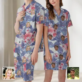 Flower Print Pajamas Custom Avatar Couple V-Neck Pajamas