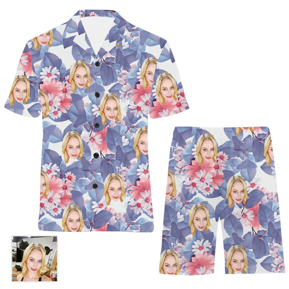 Flower Print Pajamas Custom Avatar Couple V-Neck Pajamas