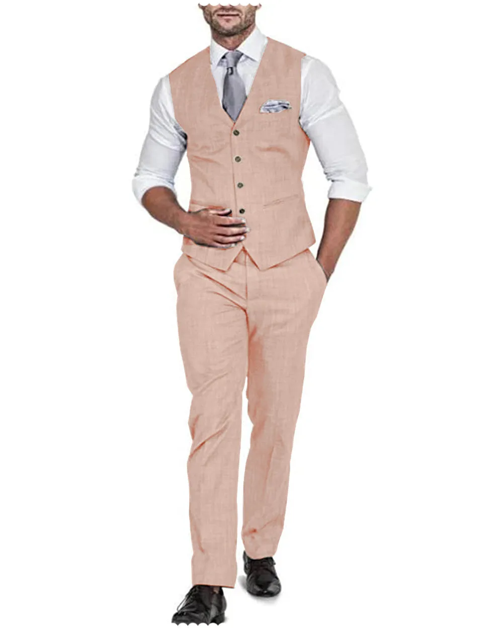 Formal 2 Pieces Mens Suit Flat Linen V Neck For Wedding (Vest   Pants)