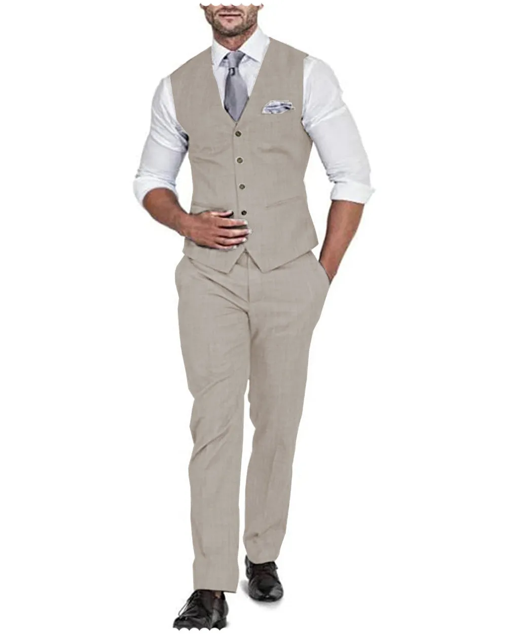 Formal 2 Pieces Mens Suit Flat Linen V Neck For Wedding (Vest   Pants)