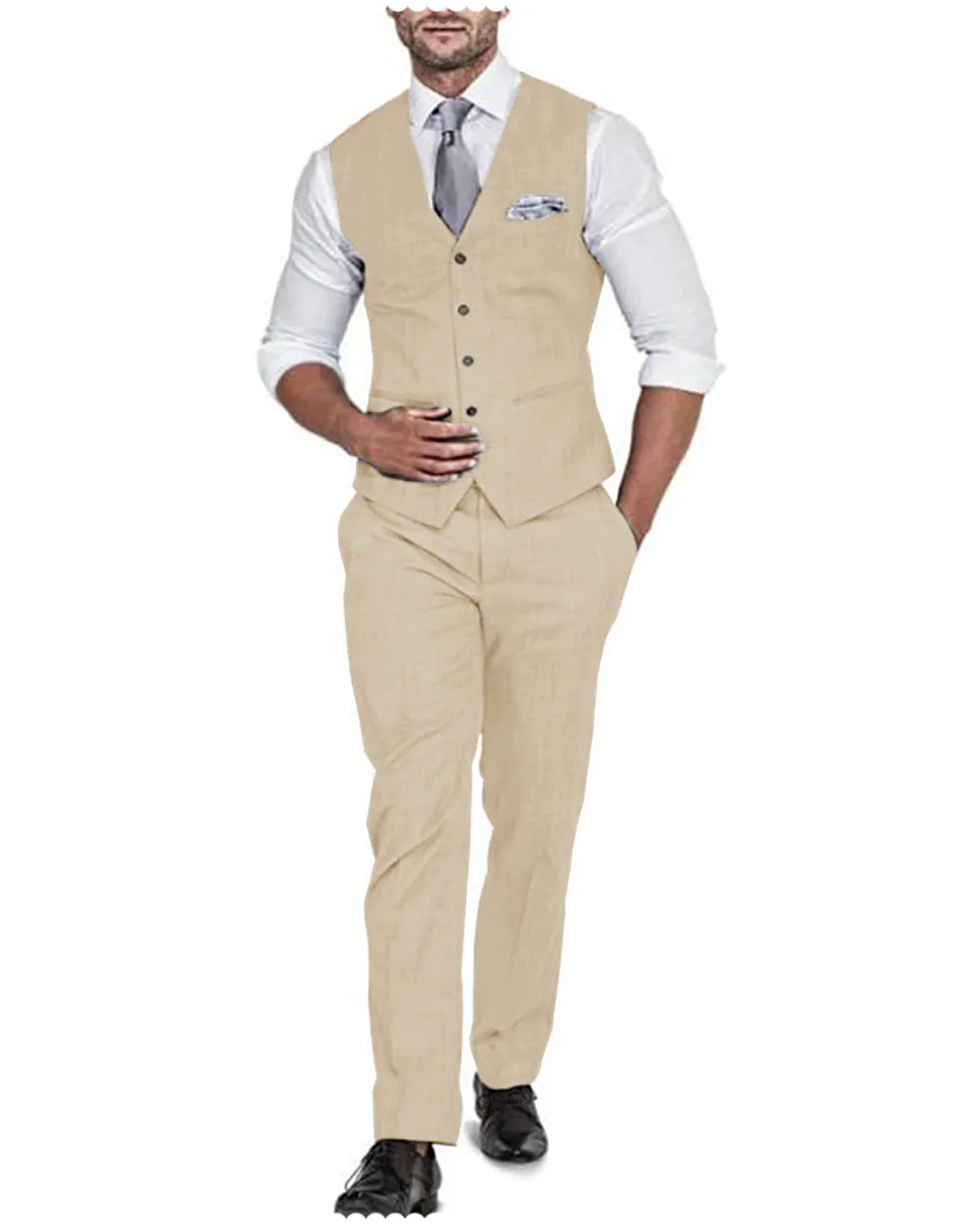 Formal 2 Pieces Mens Suit Flat Linen V Neck For Wedding (Vest   Pants)