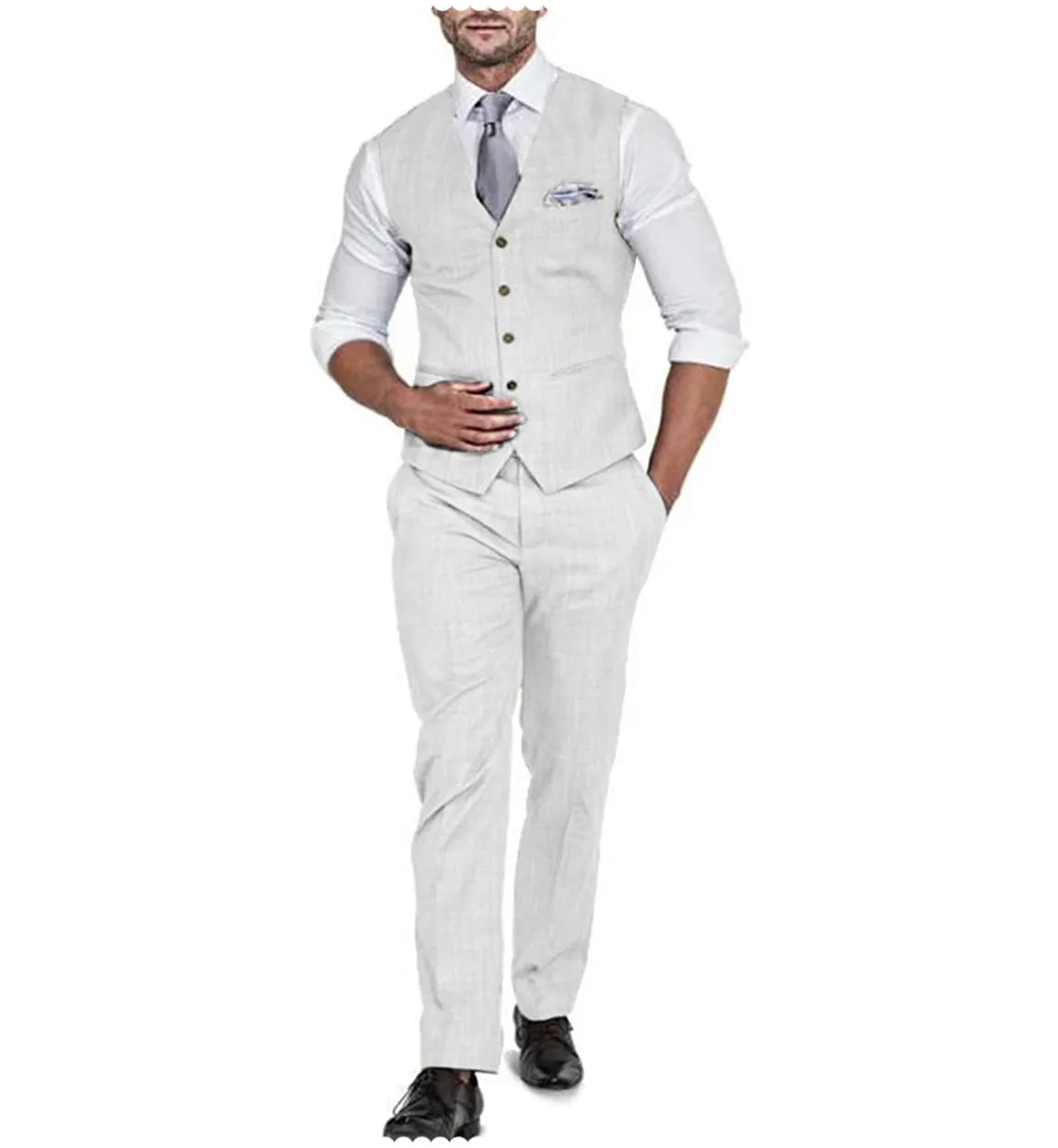 Formal 2 Pieces Mens Suit Flat Linen V Neck For Wedding (Vest   Pants)