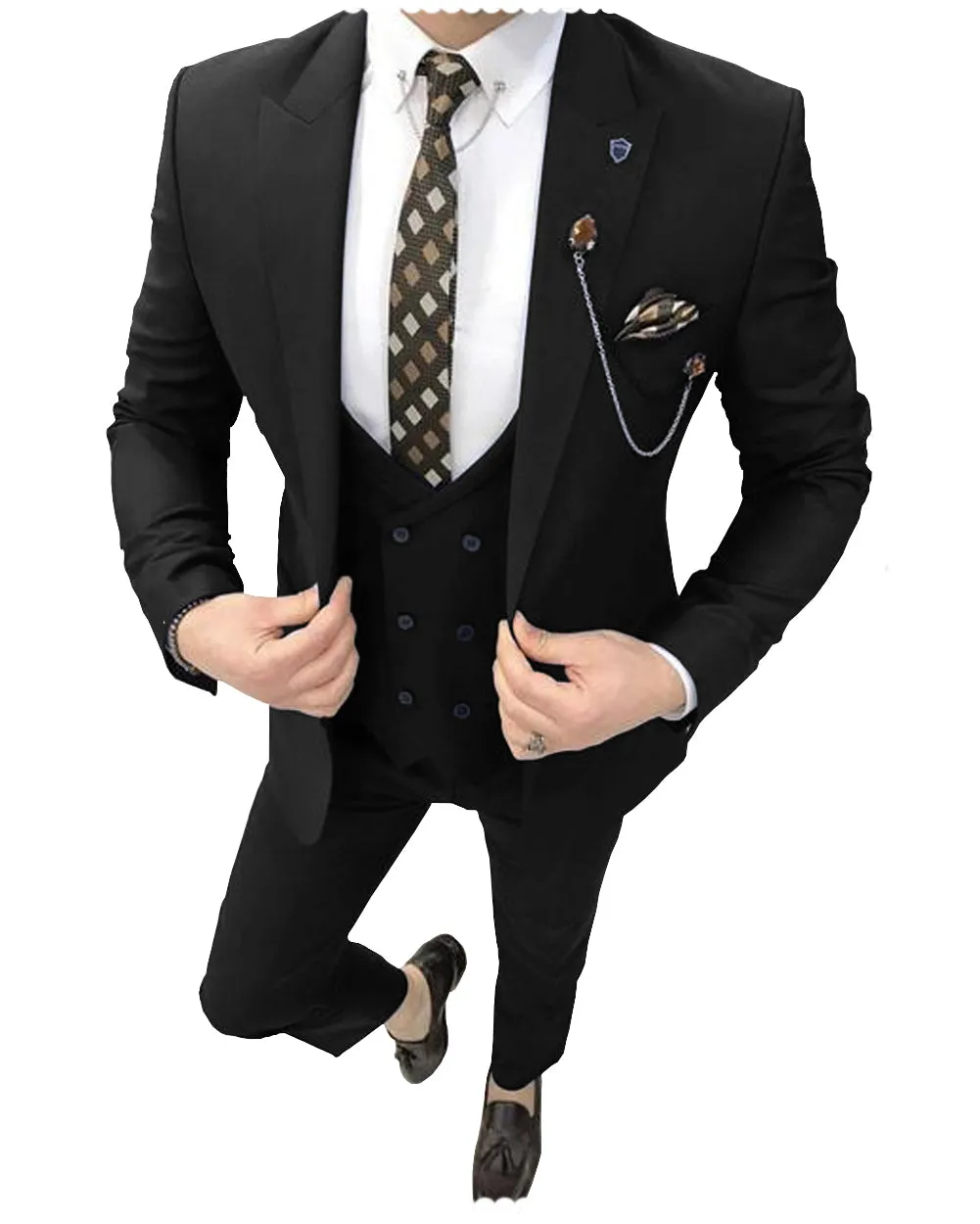 Formal 3 Piece Mens Suit Peak Lapel Blazer For Wedding (Blazer vest Pants)