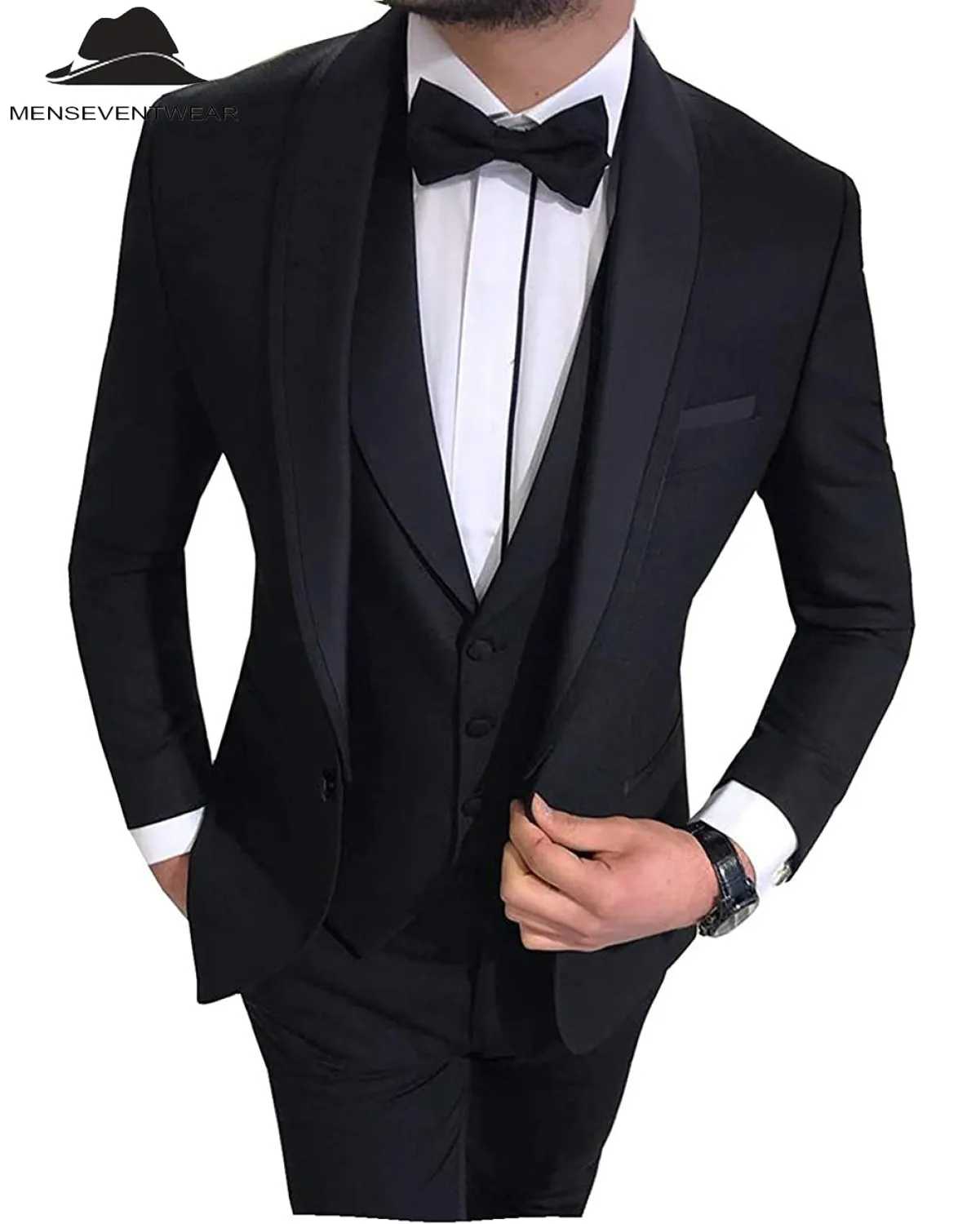 Formal 3 Pieces Mens Suit Flat Shawl Lapel Tuxedos (Blazer vest Pants)