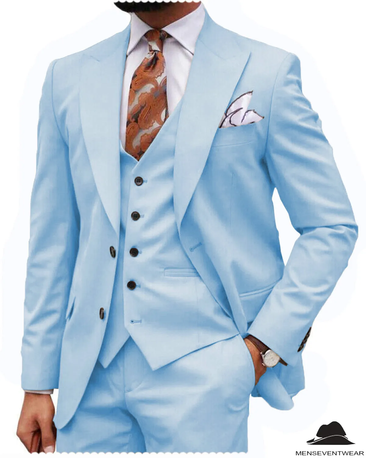 Formal Men's 3-Piece Regular Fit Peak Lapel Flat Men's Wedding Suit (Blazer   Vest   Pants)