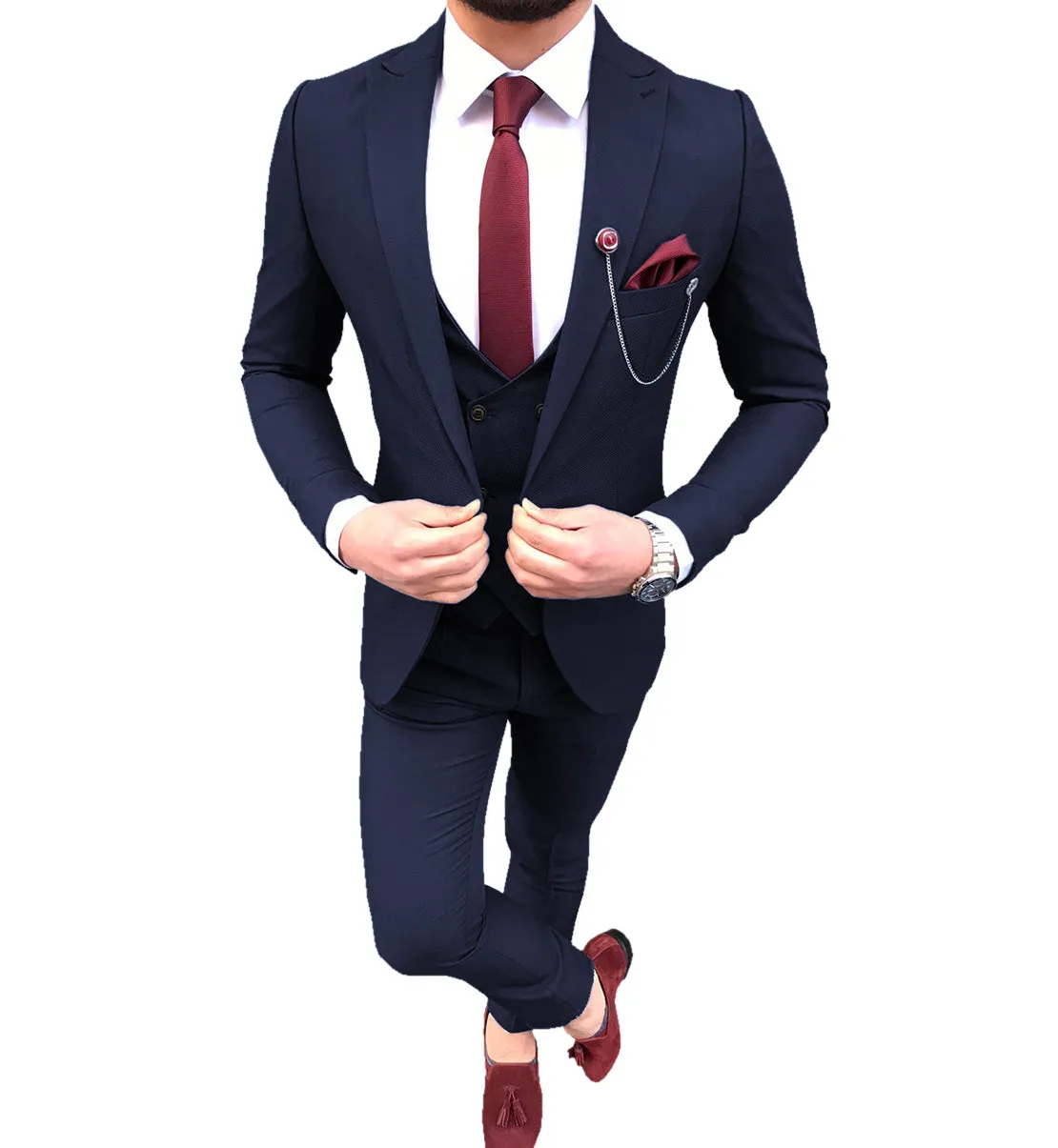 Formal Men's Suit 3 Piece Peak Lapel Flat Tuxedo Wedding (Blazer Vest Pants)