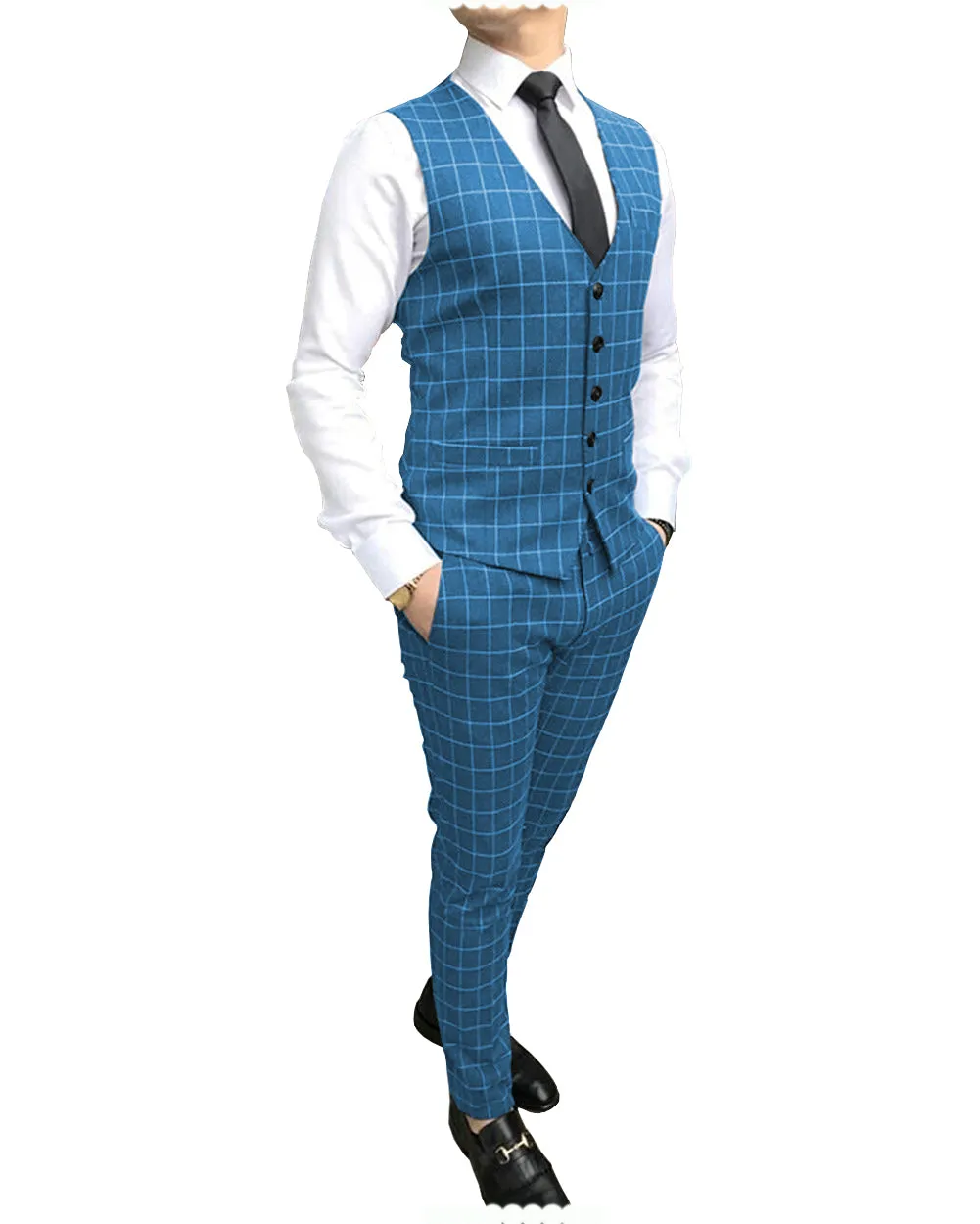 Formal Mens Suit Notch Lapel Blazer Plaid 2 Pieces (Vest Pants)